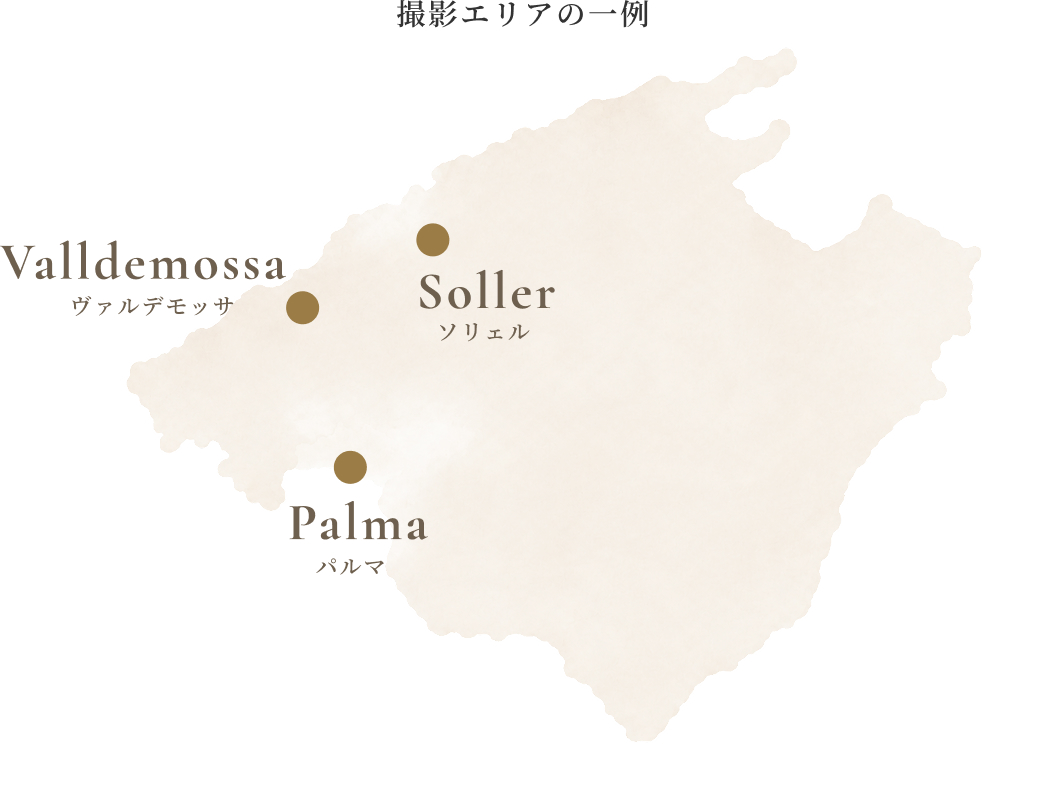 マヨルカ島の撮影エリア例。バルデモッサ、ソジェール、パルマ